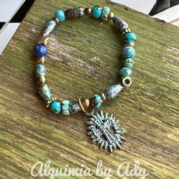 Copper turquoise 8mm beaded bracelet cross charm